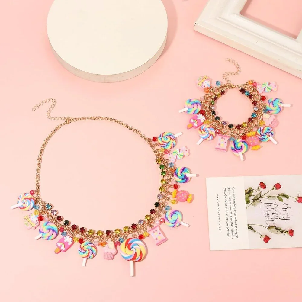 Candy Jewelry Set Alloy Crystal Lollipop Pendant Necklace Bangle for Women - Picture 6 of 6